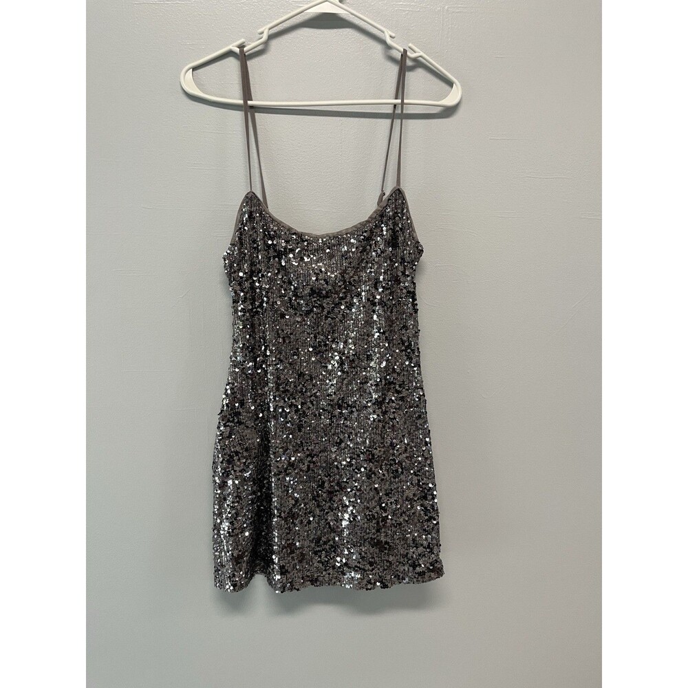 Bershka Silver Sequin Slip Mini Dress Strappy Sleeveless Scoop Neck Size M